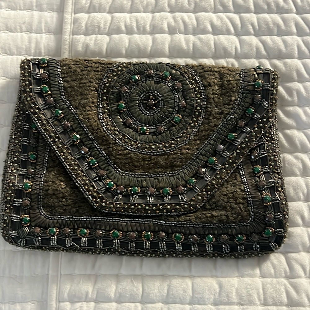 Antik Batik Olive Green Beaded Embellished Clutch